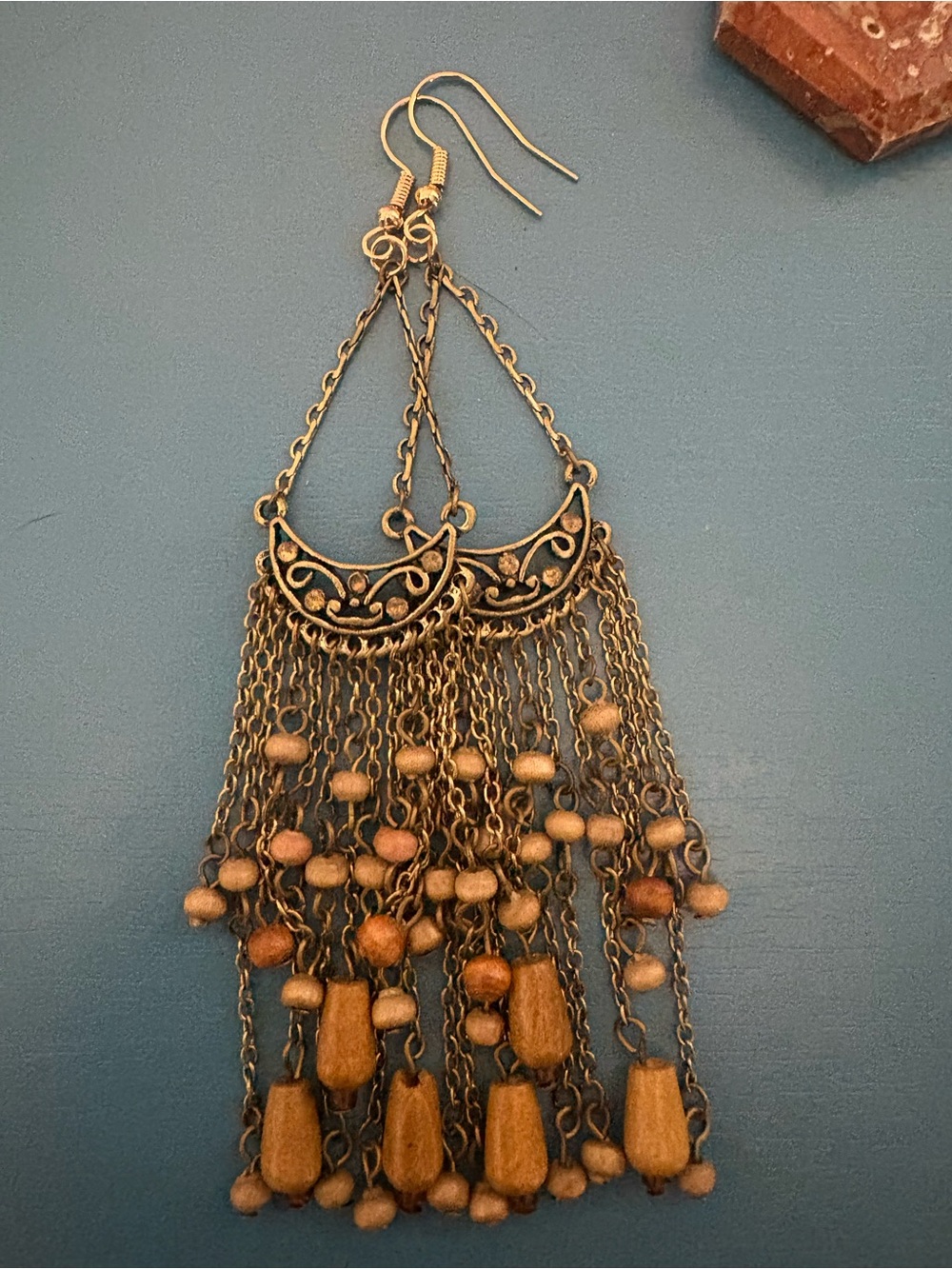 Bohemian Antique Gold Tone wooded Bead Fringe Dangle Earrings